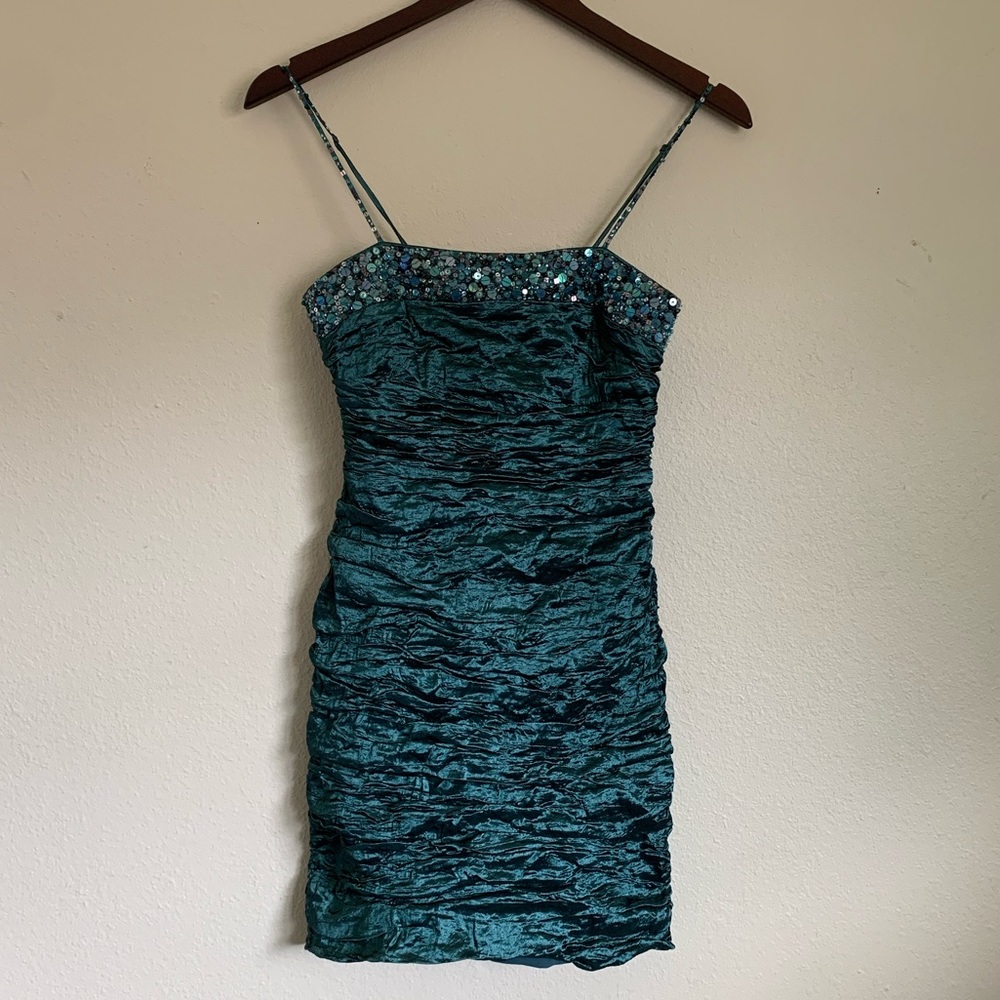 BCBG MaxAzria Metallic Teal Ruched Mini Dress